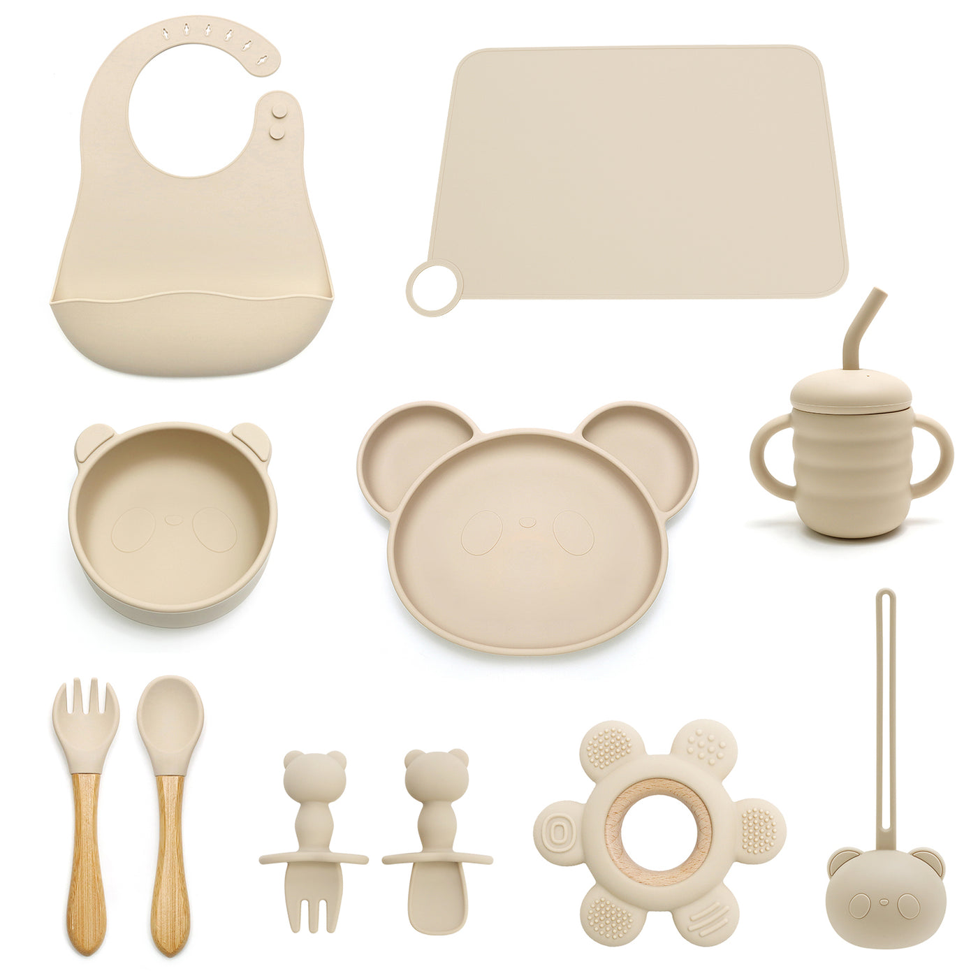 TAUPE 11 PIECE SILICONE BABY AND TODDLER NON-SLIP SUCTION CUP FEEDING SET