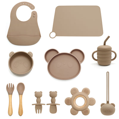 BROWN 11 PIECE SILICONE BABY AND TODDLER NON-SLIP SUCTION CUP FEEDING SET