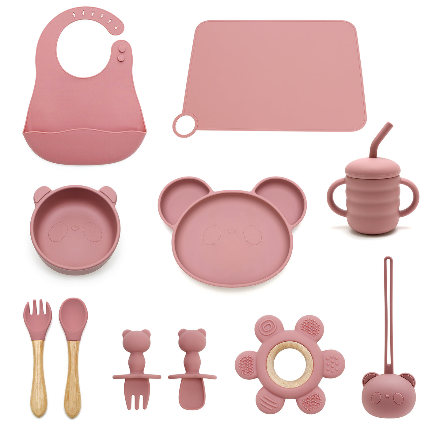 ROSE 11 PIECE SILICONE BABY AND TODDLER NON-SLIP SUCTION CUP FEEDING SET