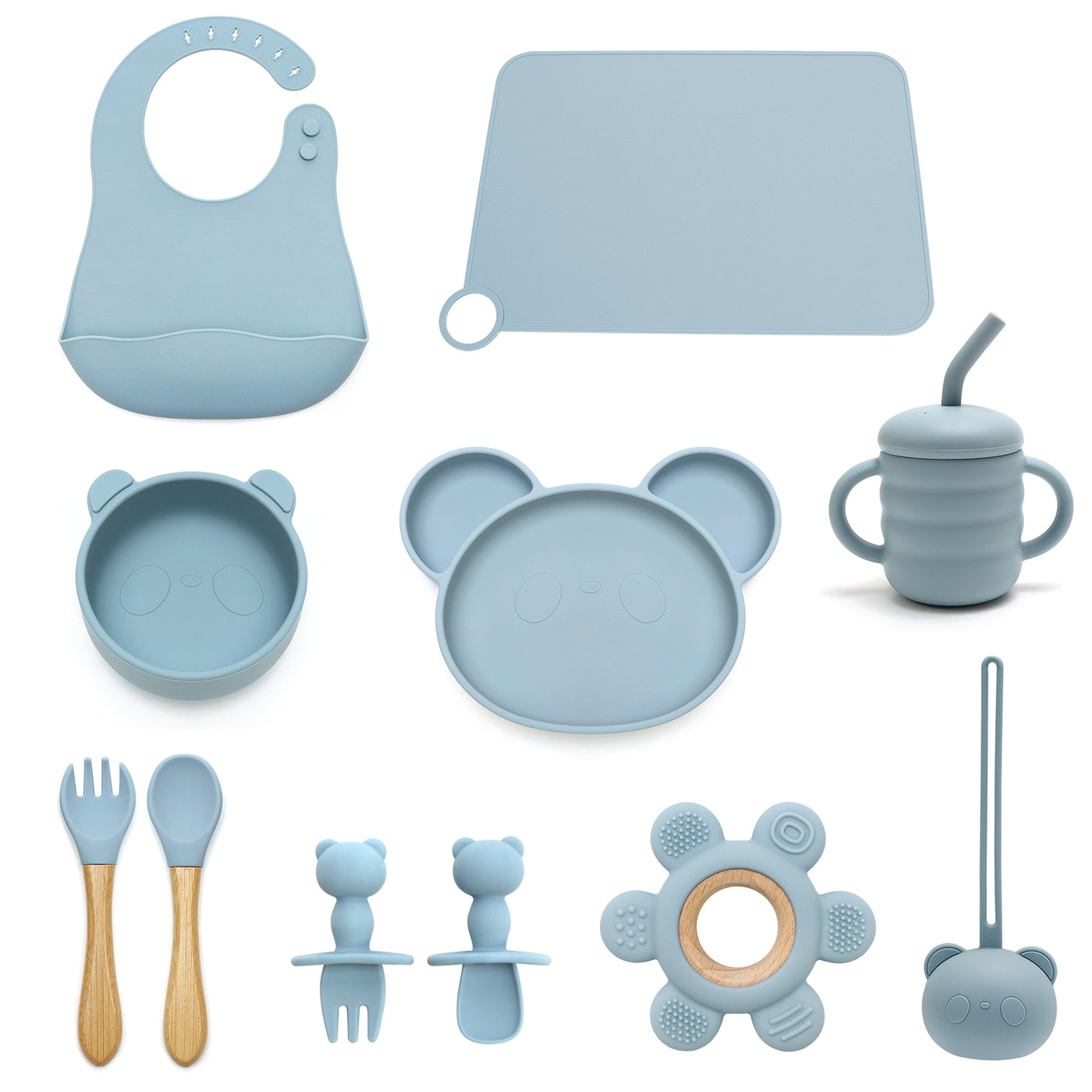 BLUE 11 PIECE SILICONE BABY AND TODDLER NON-SLIP SUCTION CUP FEEDING SET