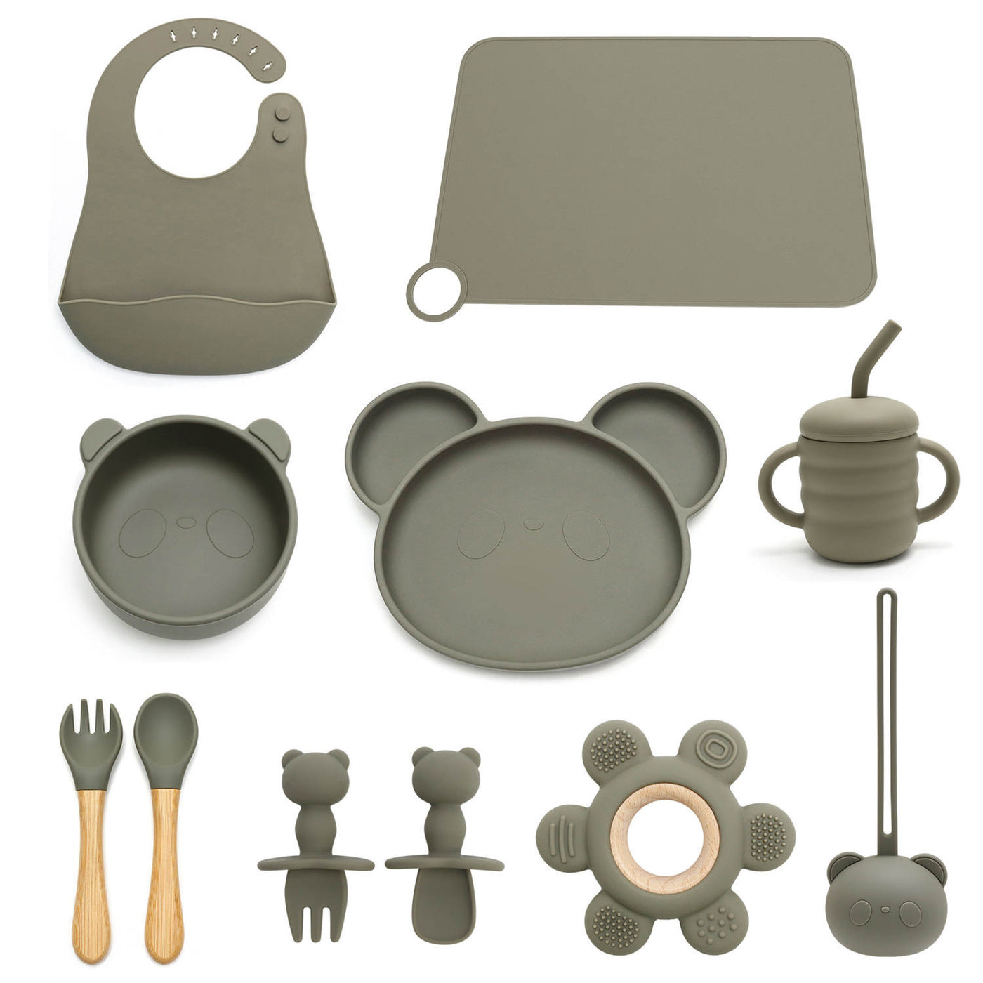 ARMY GREEN 11 PIECE SILICONE BABY AND TODDLER NON-SLIP SUCTION CUP FEEDING SET