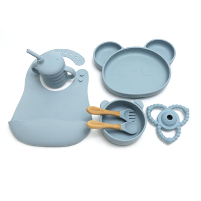 BLUE 7 PIECE BABY SILICONE AND TODDLER NON-SLIP SUCTION CUP FEEDING SET