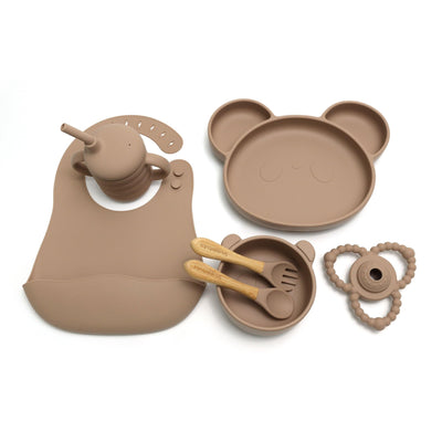 BROWN 7 PIECE SILICONE BABY AND TODDLER NON-SLIP SUCTION CUP FEEDING SET
